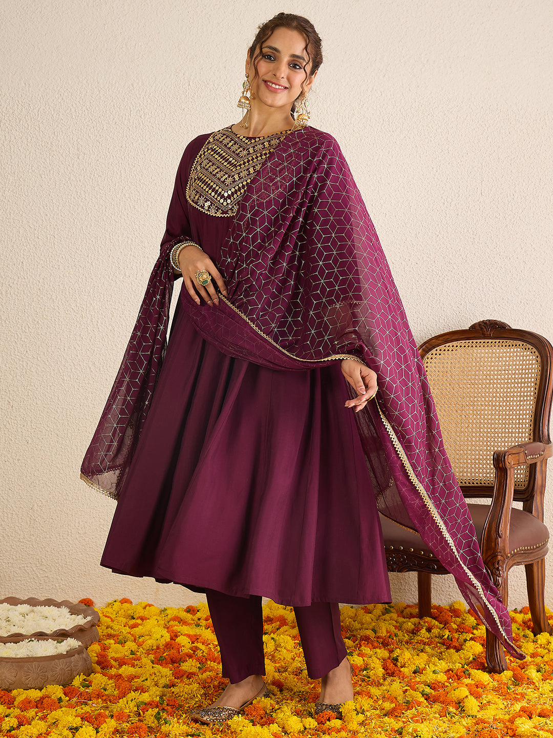 Janasya Women's Wine Chanderi Silk Floral Embellished A-line Kurta Set