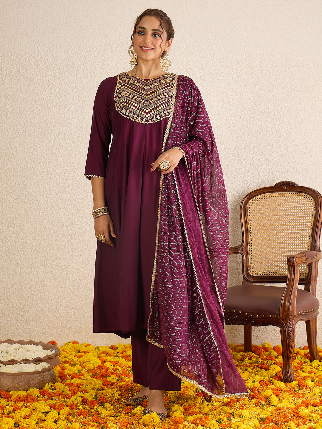 Janasya Women's Wine Chanderi Silk Floral Embellished A-line Kurta Set