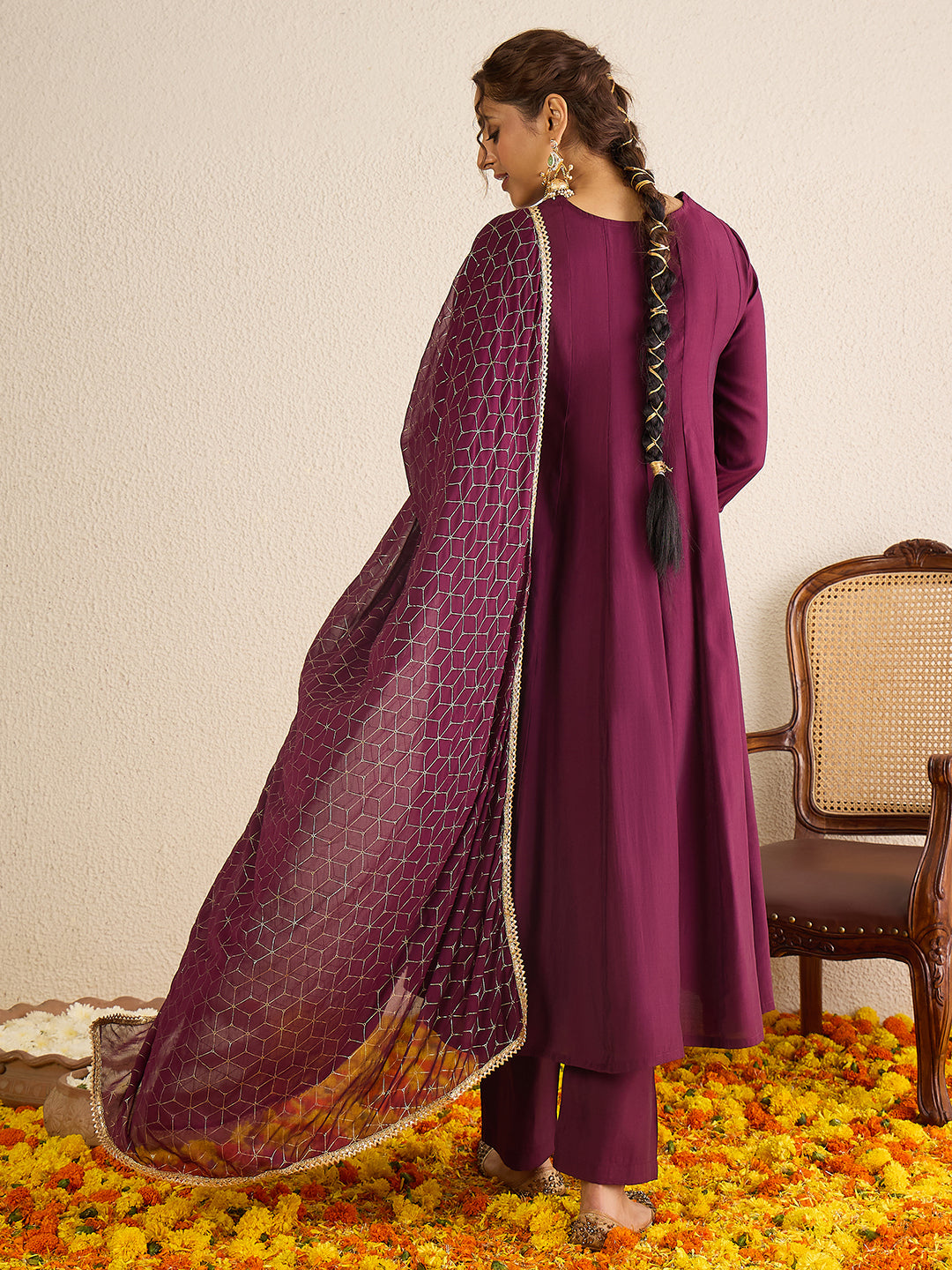 Janasya Women's Wine Chanderi Silk Floral Embellished A-line Kurta Set