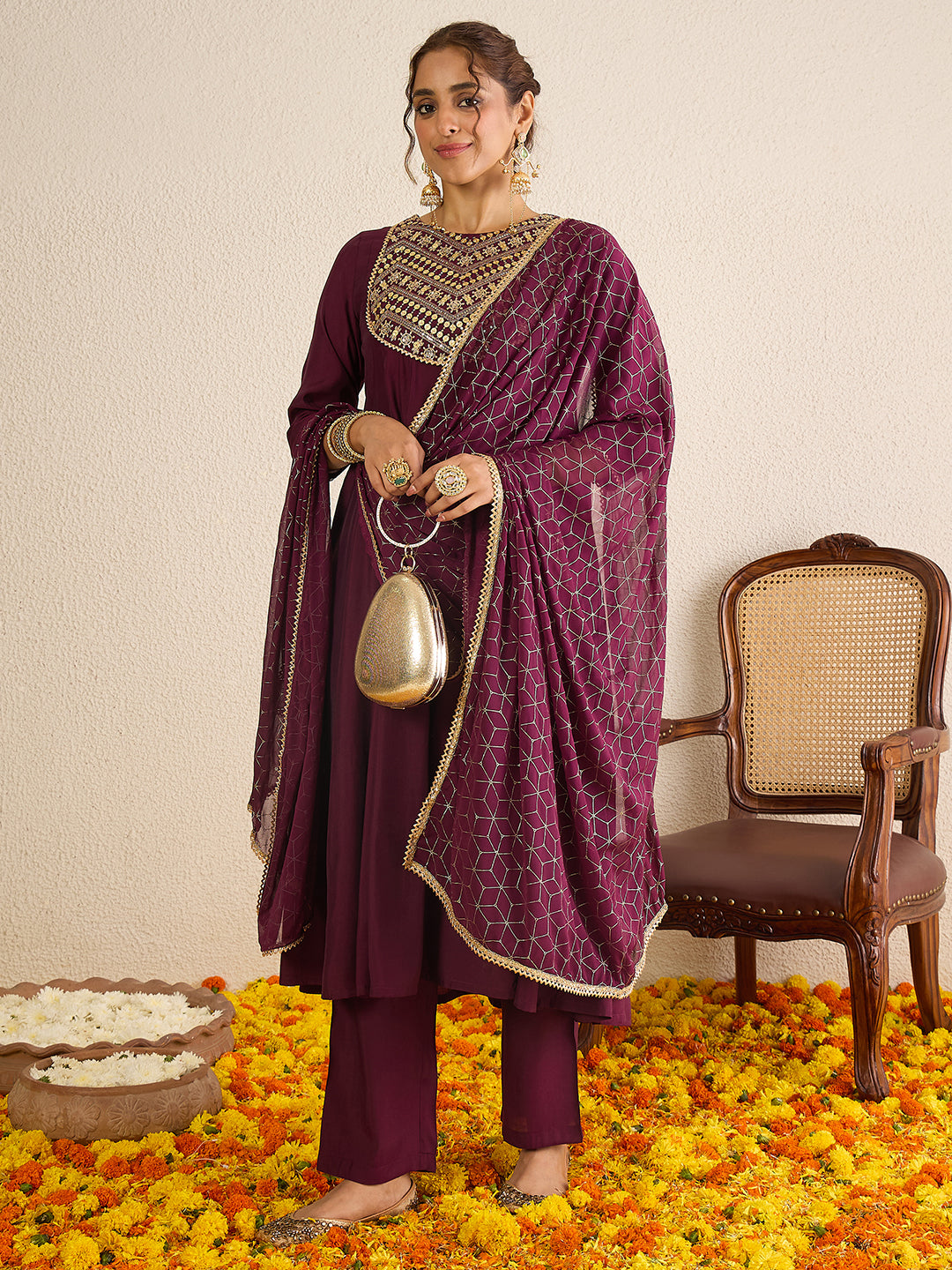 Janasya Women's Wine Chanderi Silk Floral Embellished A-line Kurta Set