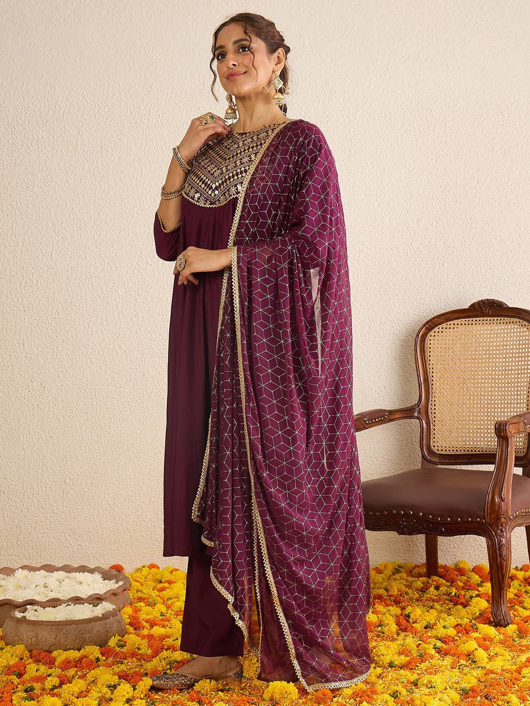 Janasya Women's Wine Chanderi Silk Floral Embellished A-line Kurta Set