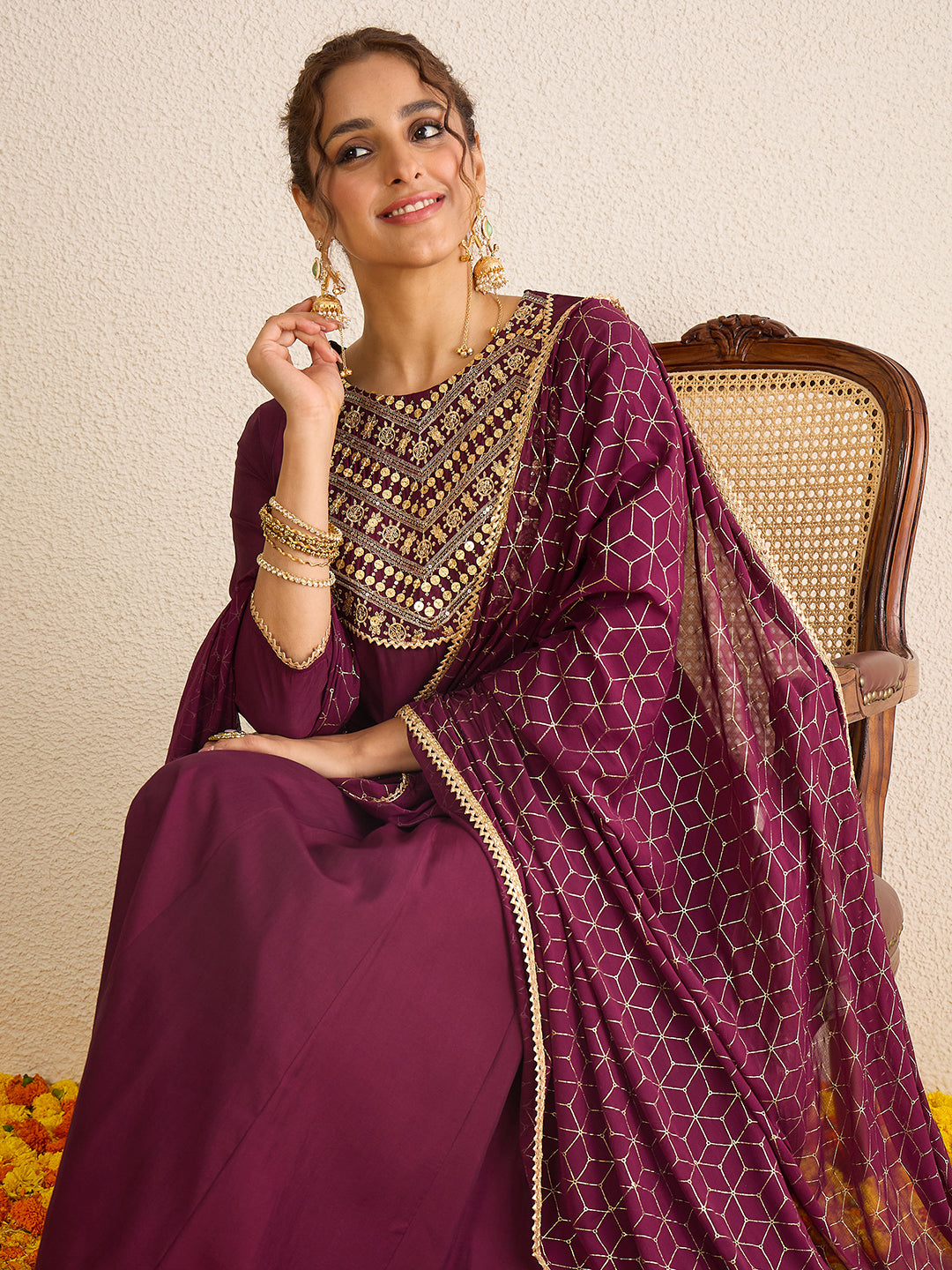 Janasya Women's Wine Chanderi Silk Floral Embellished A-line Kurta Set