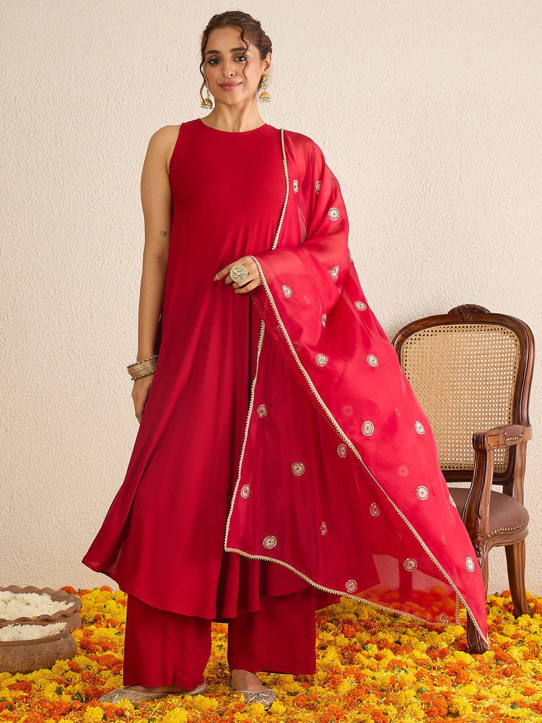 Janasya Women's Maroon Rayon Solid A-Line Flared Kurta Set with Embroidered Dupatta