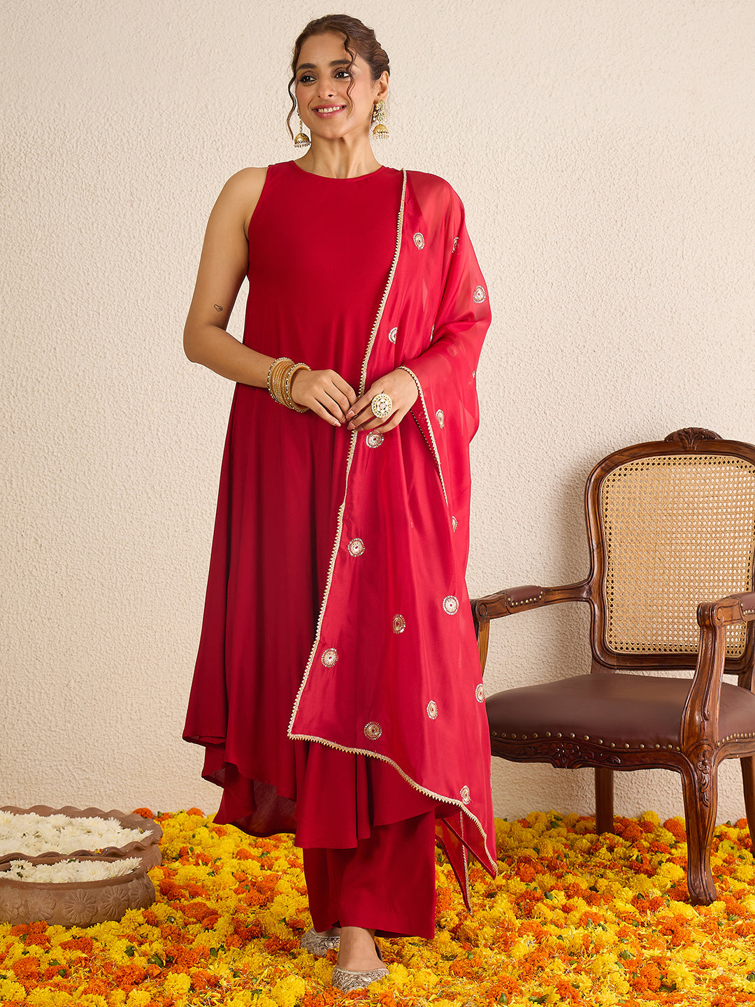 Janasya Women's Maroon Rayon Solid A-Line Flared Kurta Set with Embroidered Dupatta