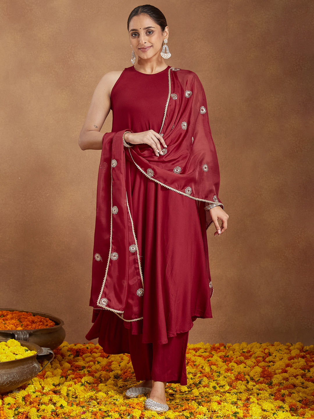 Janasya Women's Maroon Rayon Embellished A-line Flared Kurta Set