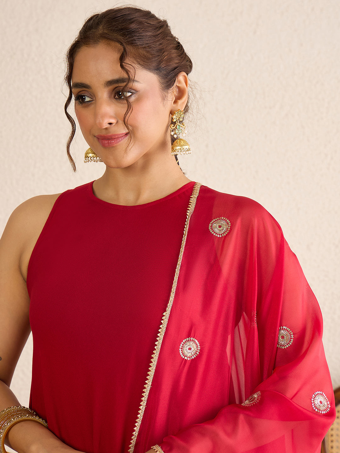 Janasya Women's Maroon Rayon Solid A-Line Flared Kurta Set with Embroidered Dupatta