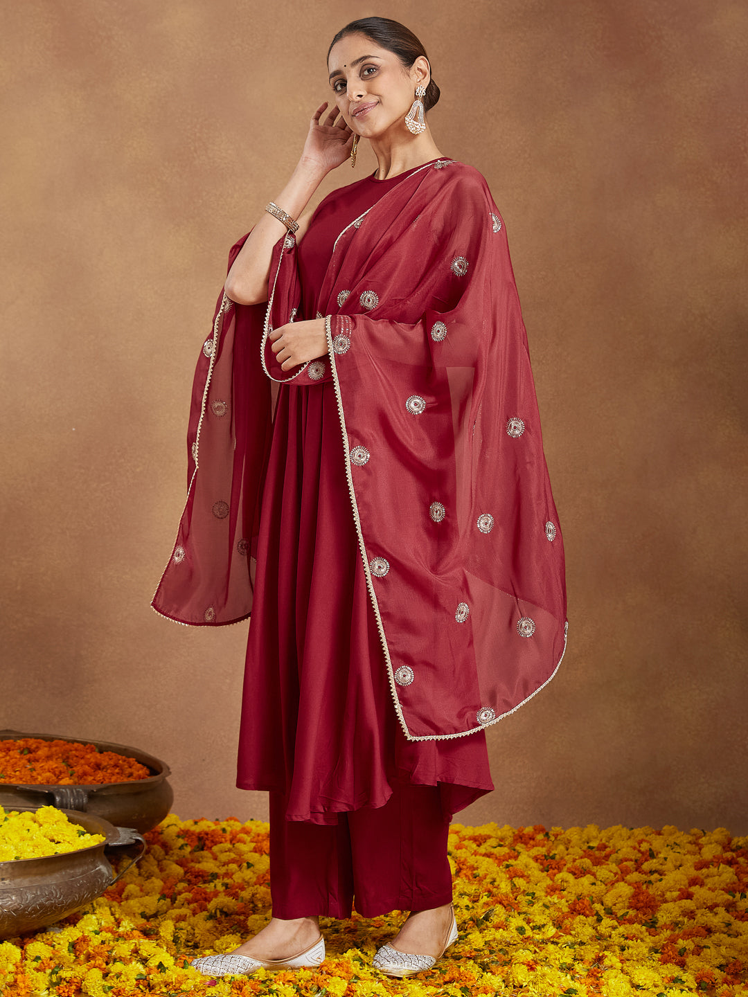 Janasya Women's Maroon Rayon Embellished A-line Flared Kurta Set