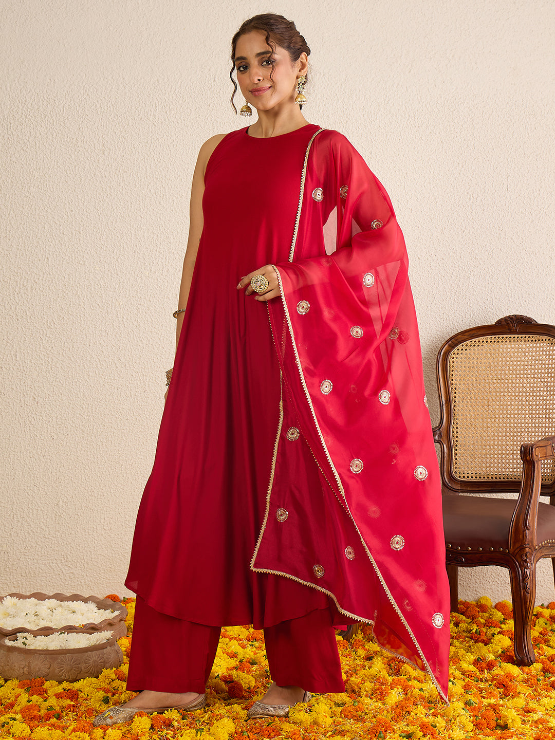 Janasya Women's Maroon Rayon Solid A-Line Flared Kurta Set with Embroidered Dupatta