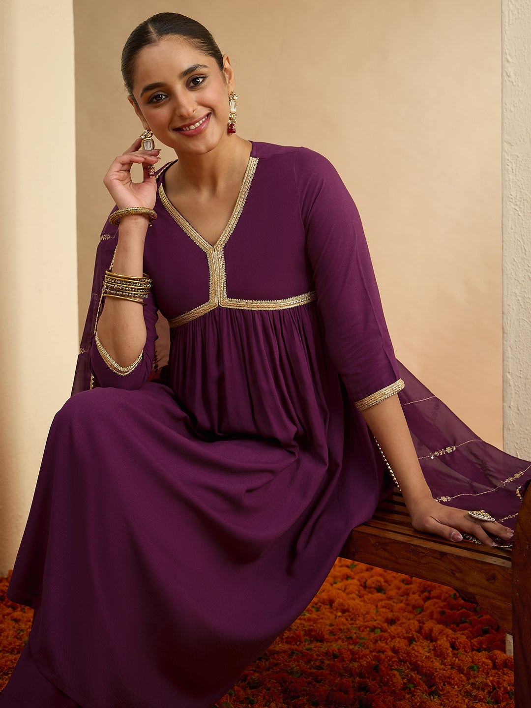 Janasya Women's Purple Rayon Embellished A-line Kurta Set with Embroidered Dupatta