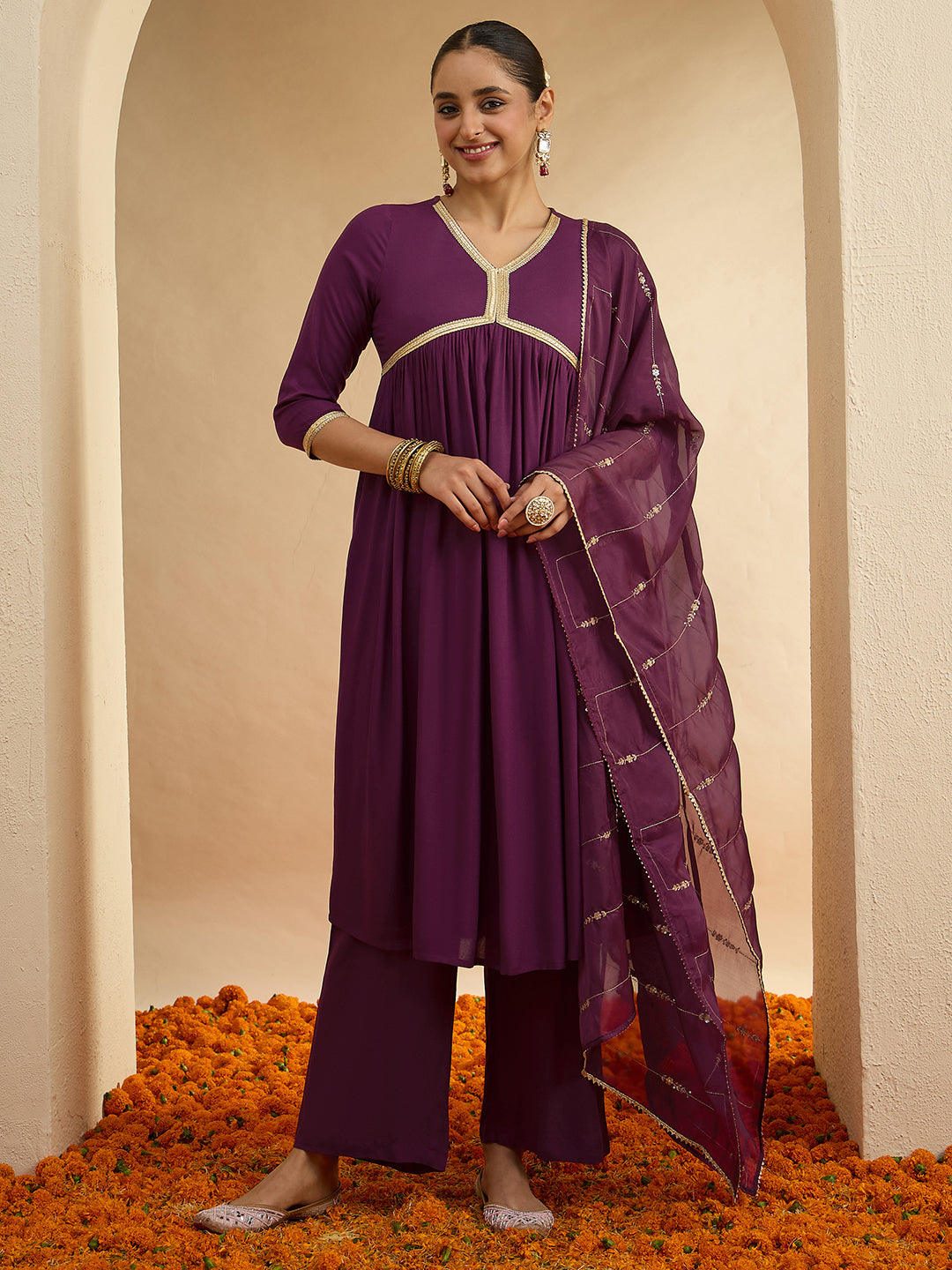 Janasya Women's Purple Rayon Embellished A-line Kurta Set with Embroidered Dupatta
