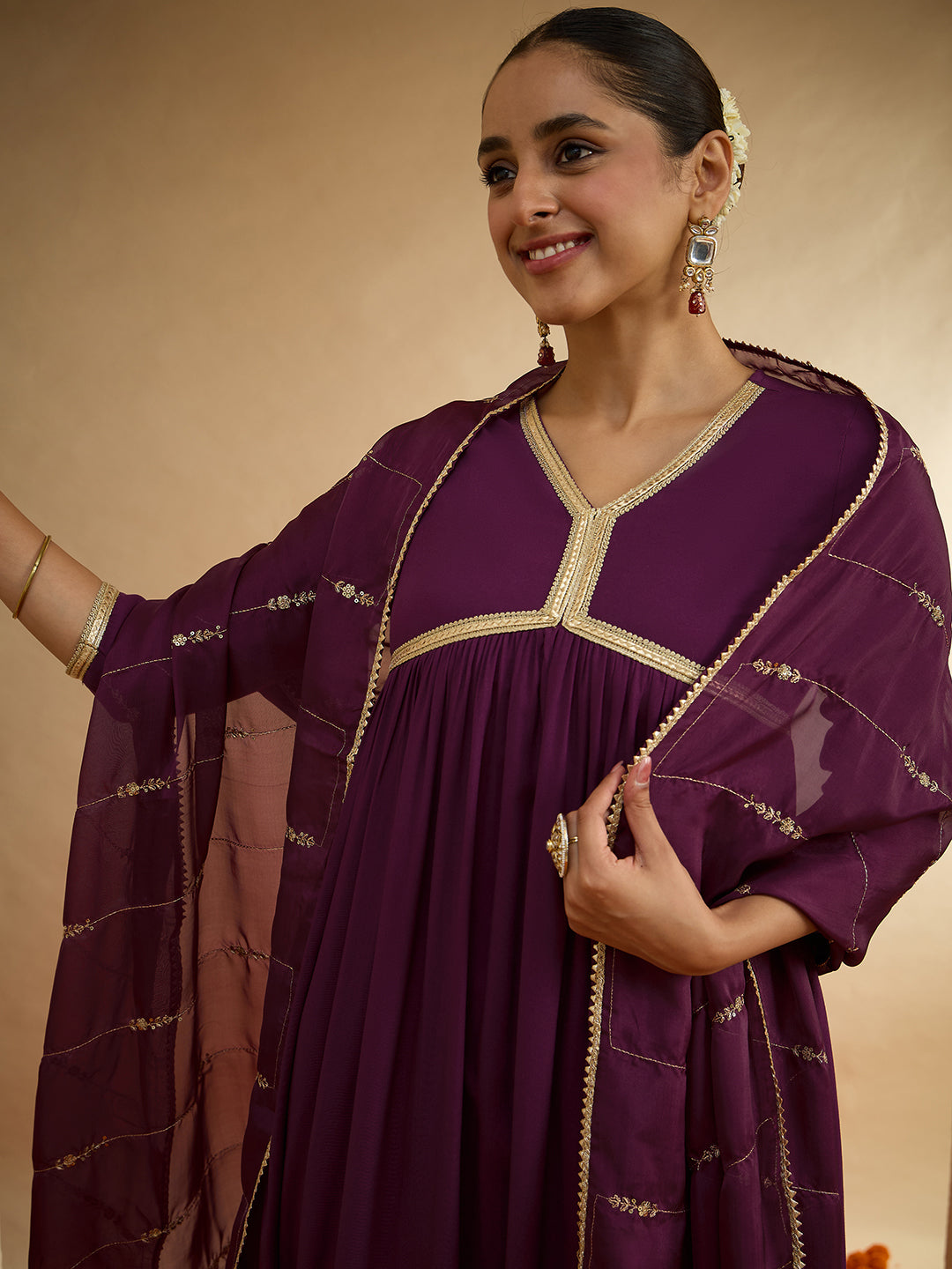 Janasya Women's Purple Rayon Embellished A-line Kurta Set with Embroidered Dupatta