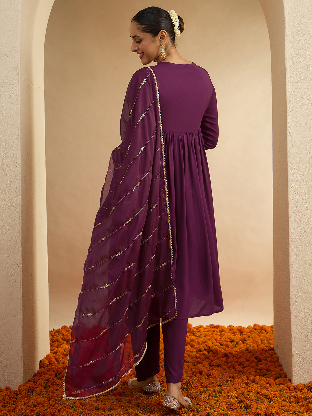 Janasya Women's Purple Rayon Embellished A-line Kurta Set with Embroidered Dupatta