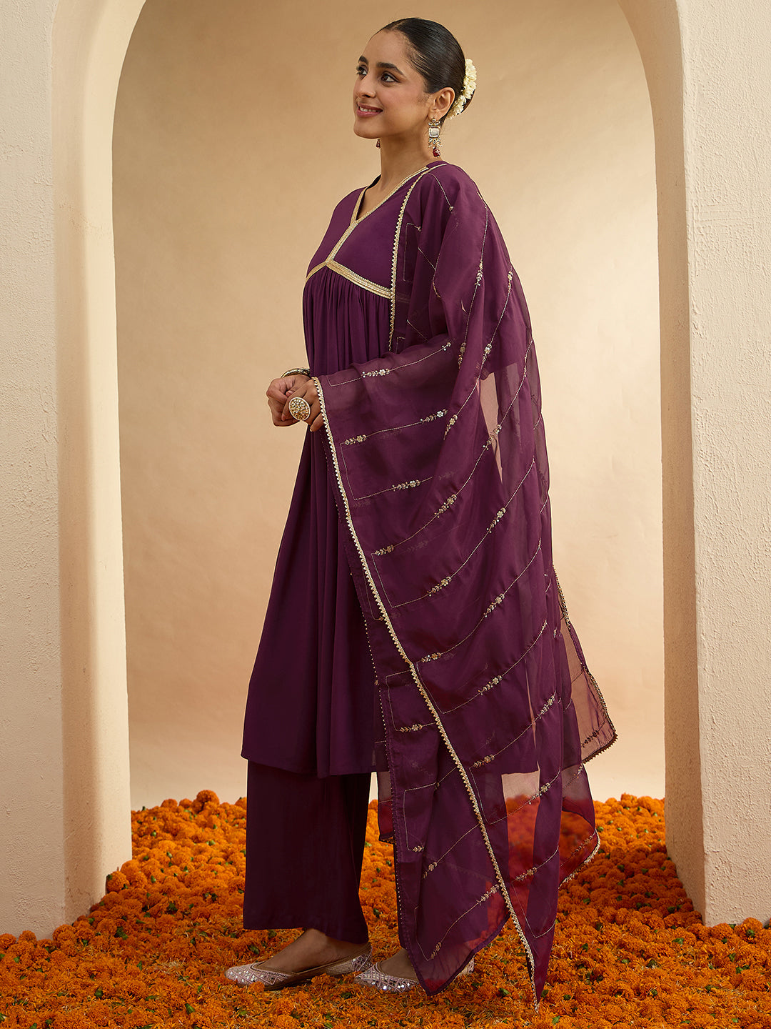 Janasya Women's Purple Rayon Embellished A-line Kurta Set with Embroidered Dupatta