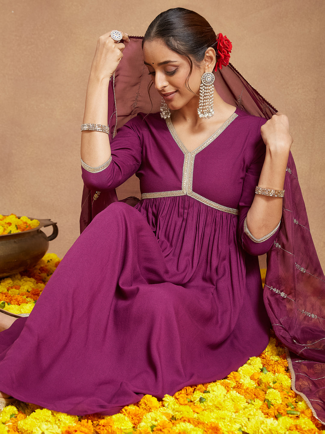 Janasya Women's Purple Rayon Embellished A-line Kurta Set