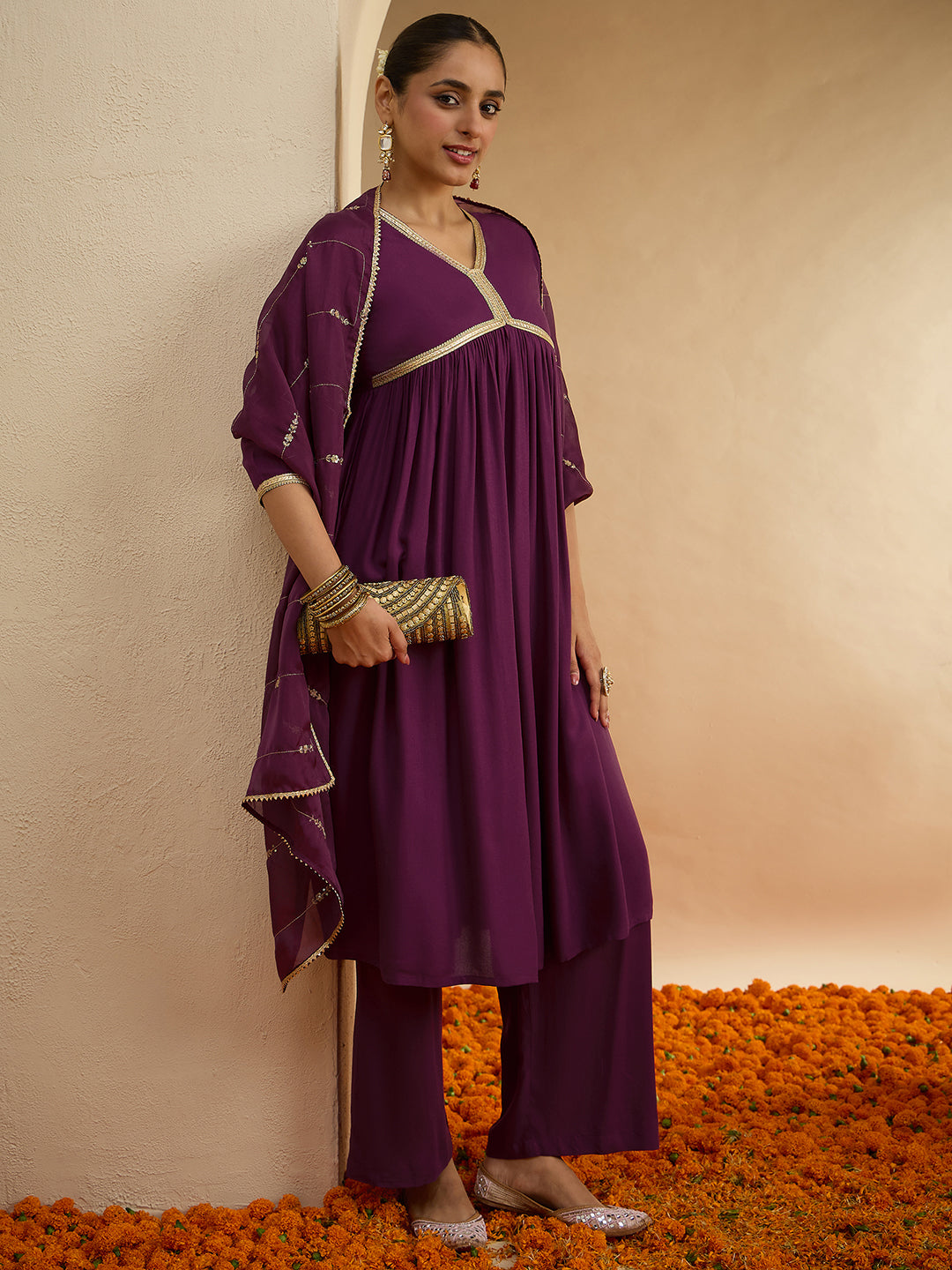Janasya Women's Purple Rayon Embellished A-line Kurta Set with Embroidered Dupatta