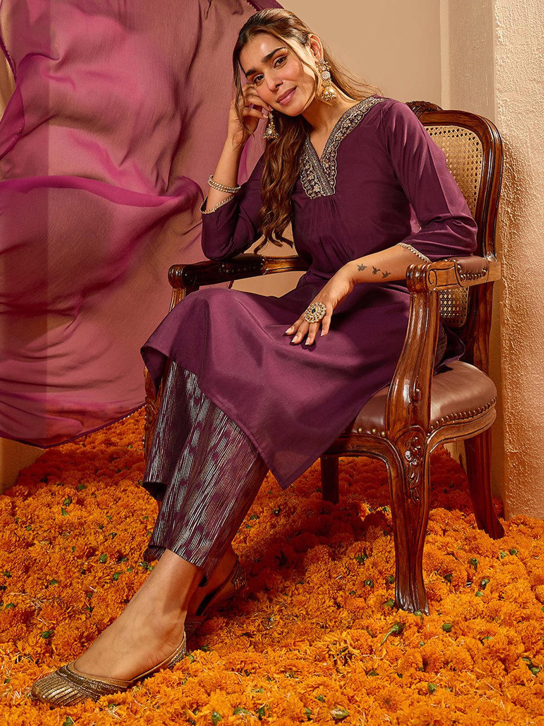 Janasya Women's Wine Chanderi Silk Embellished Straight Kurta Set