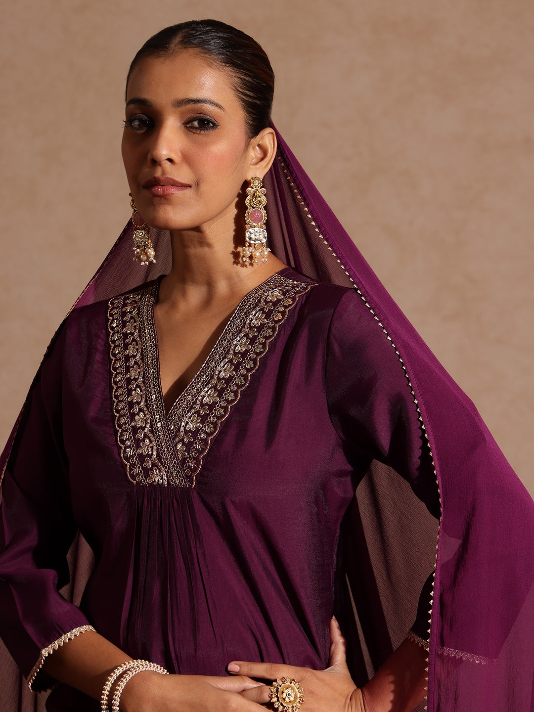 Janasya Women's Wine Chanderi Silk Embellished Straight Kurta Set