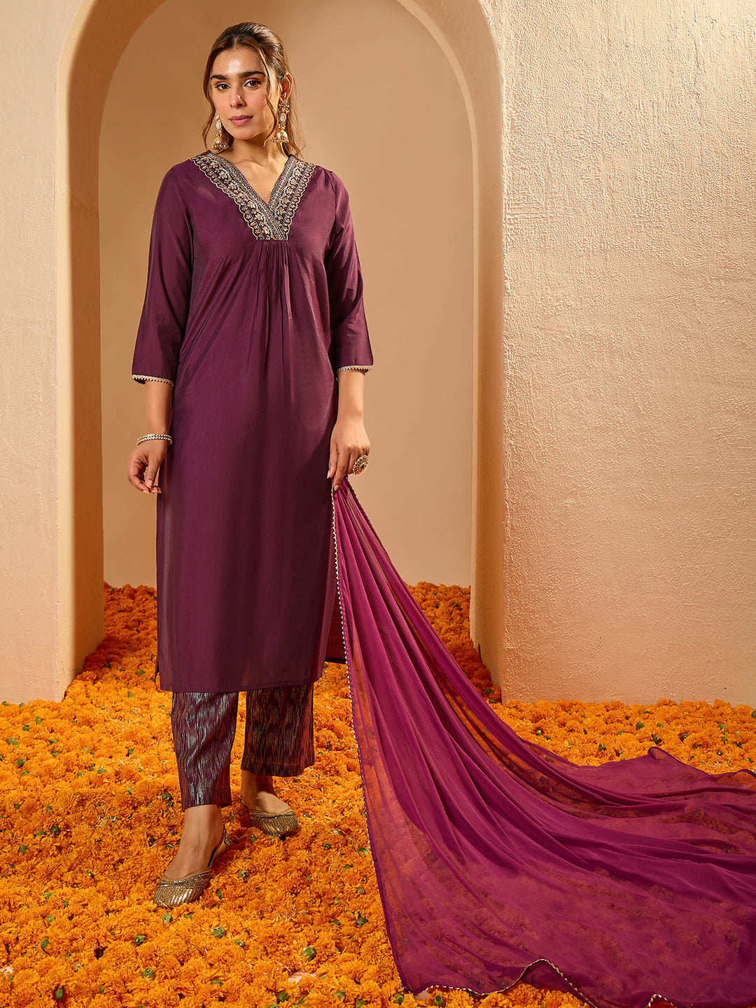 Janasya Women's Wine Chanderi Silk Embellished Straight Kurta Set