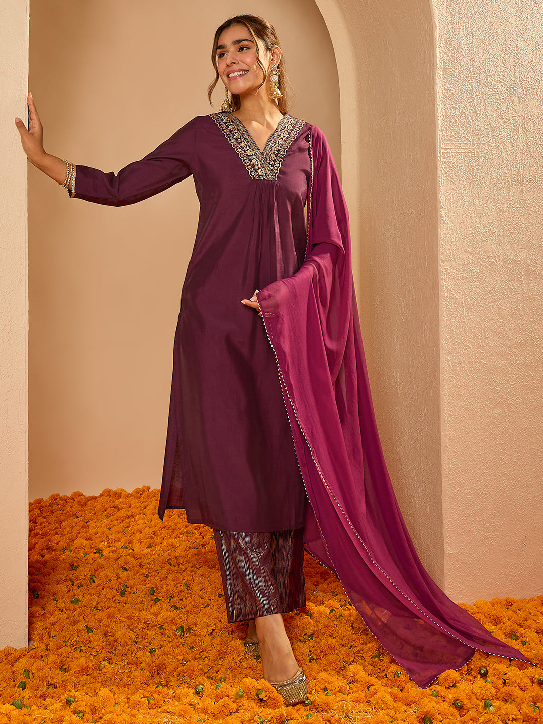 Janasya Women's Wine Chanderi Silk Embellished Straight Kurta Set