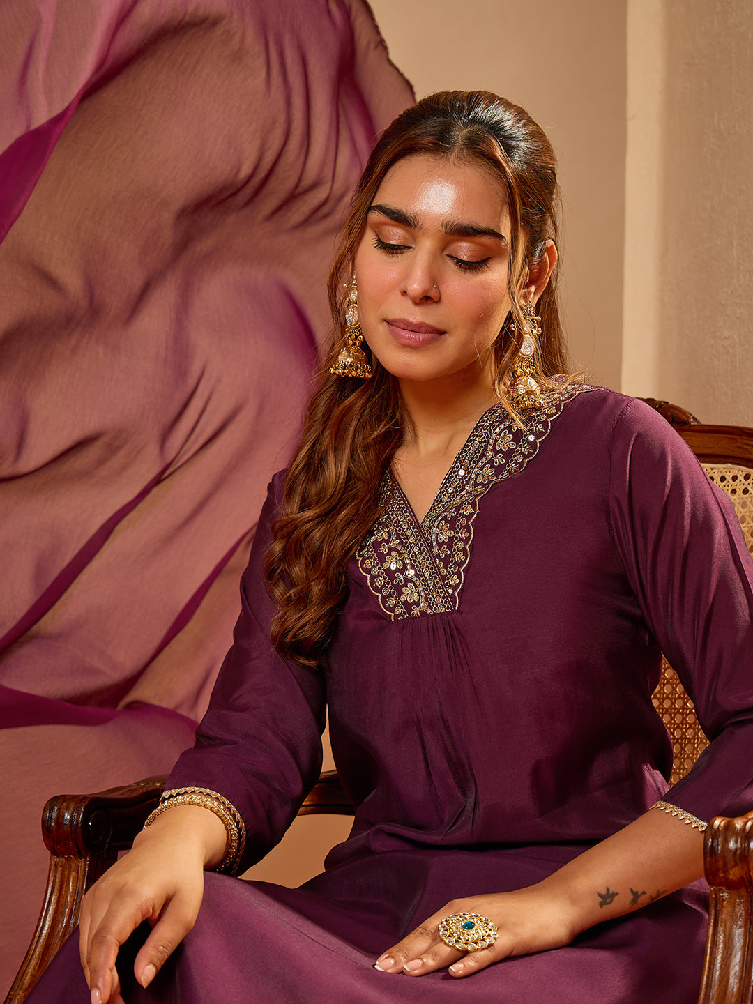 Janasya Women's Wine Chanderi Silk Embellished Straight Kurta Set