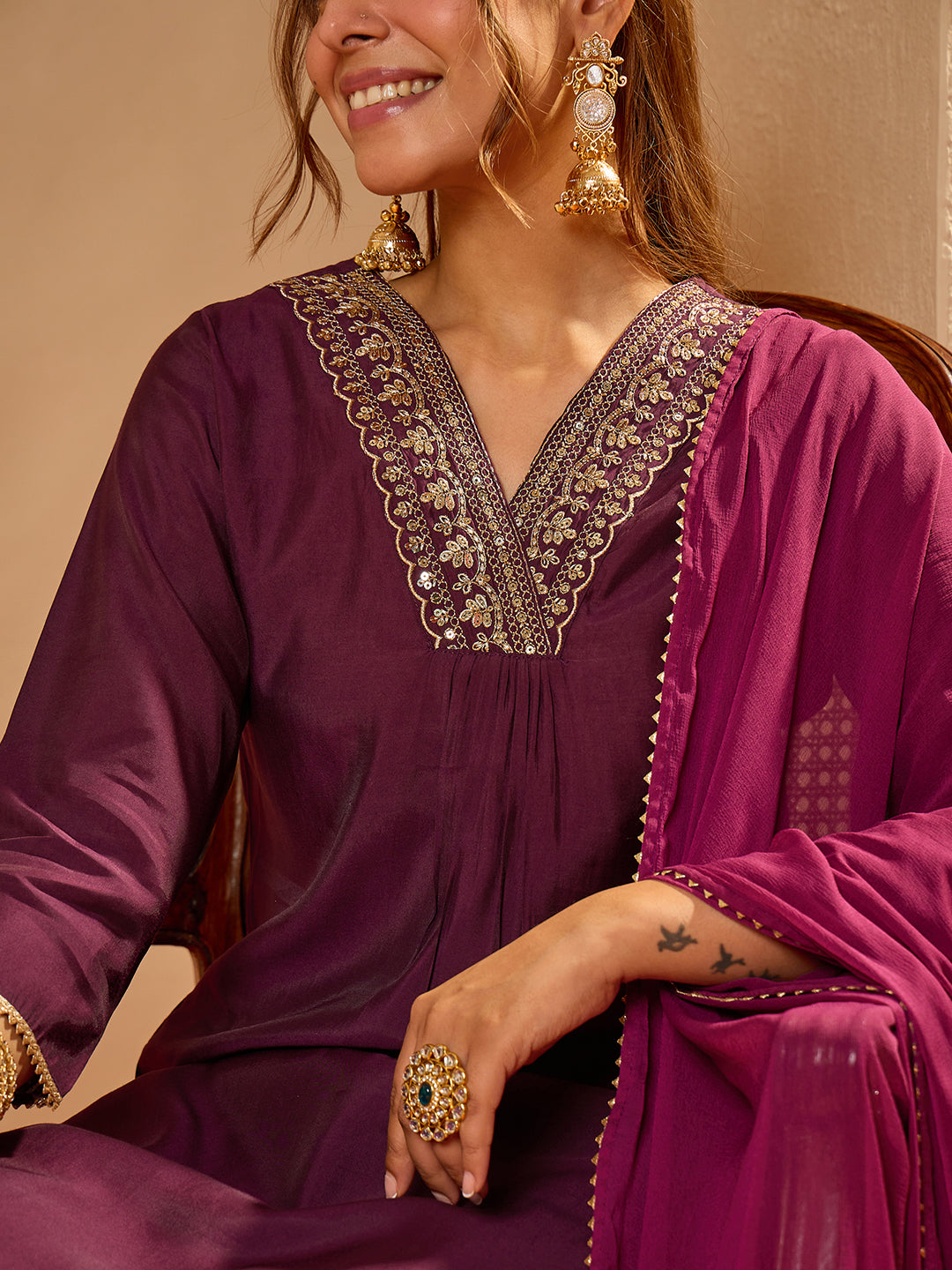 Janasya Women's Wine Chanderi Silk Embellished Straight Kurta Set