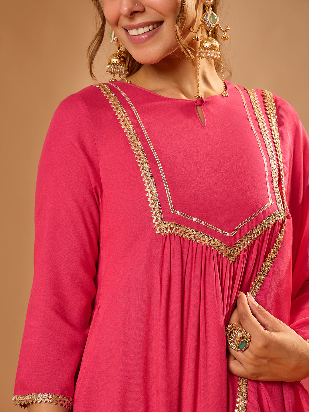 Janasya Women's Pink Rayon Yoke Design A-Line Kurta Set with Embroidered Dupatta