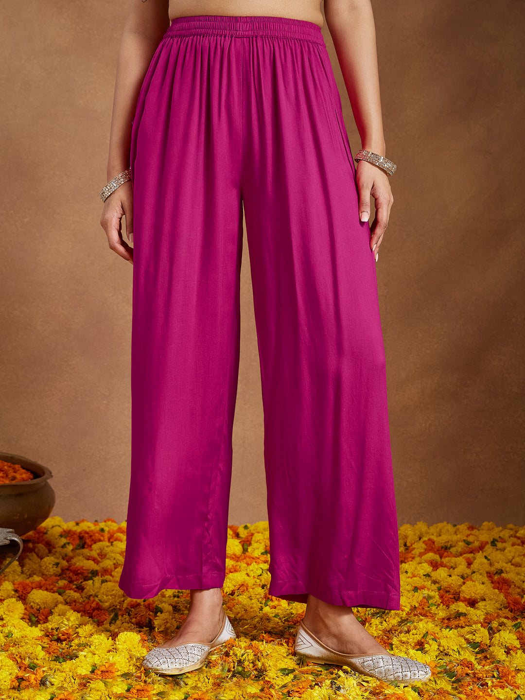 Janasya Women's Pink Rayon Yoke Design A-line Kurta With Palazzo & Dupatta Set