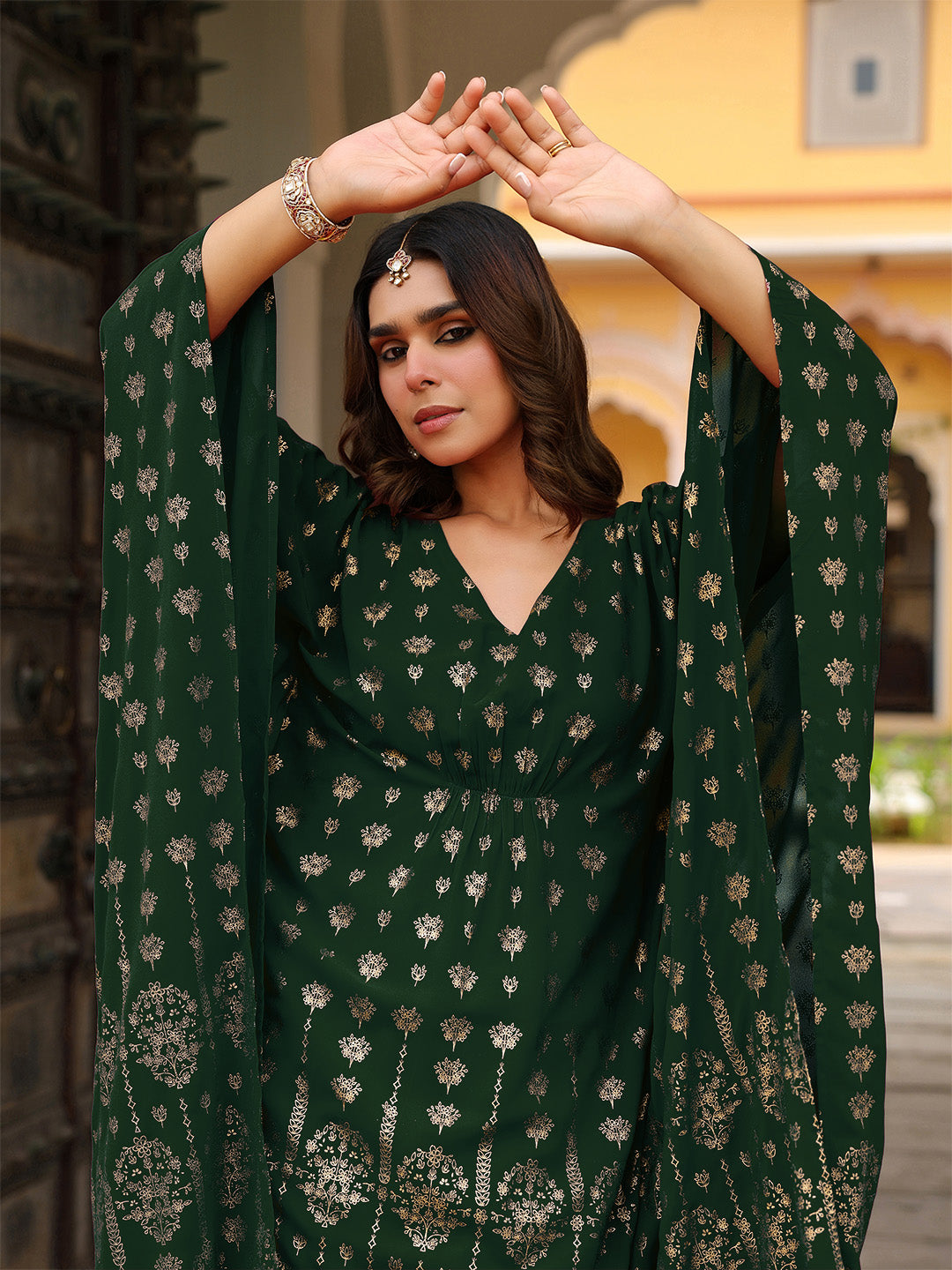 Janasya Women's Bottle Green Georgette Foil Printed Kaftan Kurta With Palazzo Set