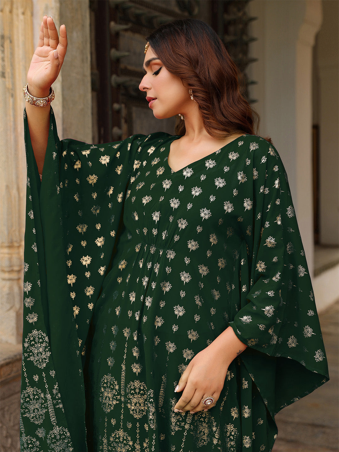 Janasya Women's Bottle Green Georgette Foil Printed Kaftan Kurta With Palazzo Set