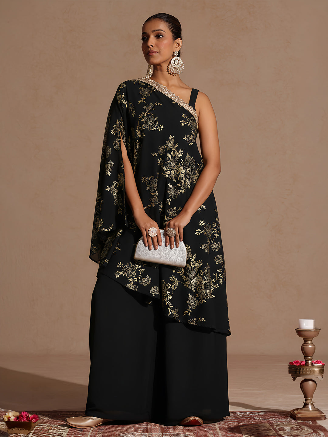 Janasya Women's Black Embellished Foil Printed Top With Pant And Cape Set