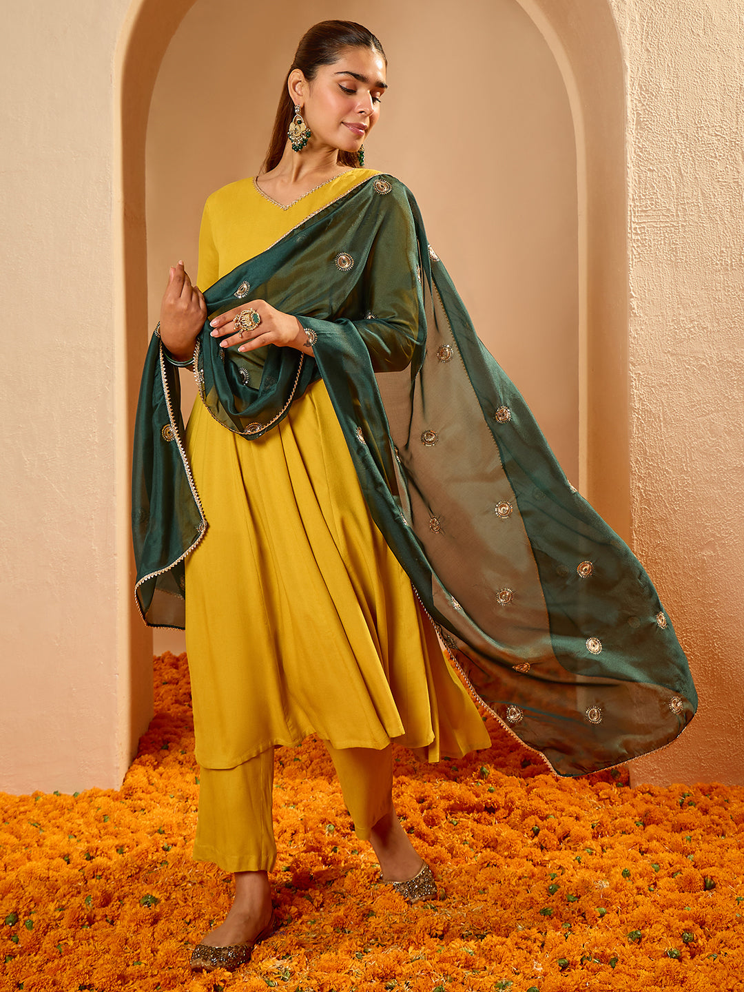 Janasya Women's Sage Green Silk Blend Floral Yoke Embroidered Straight Kurta Set with Jacquard Dupatta