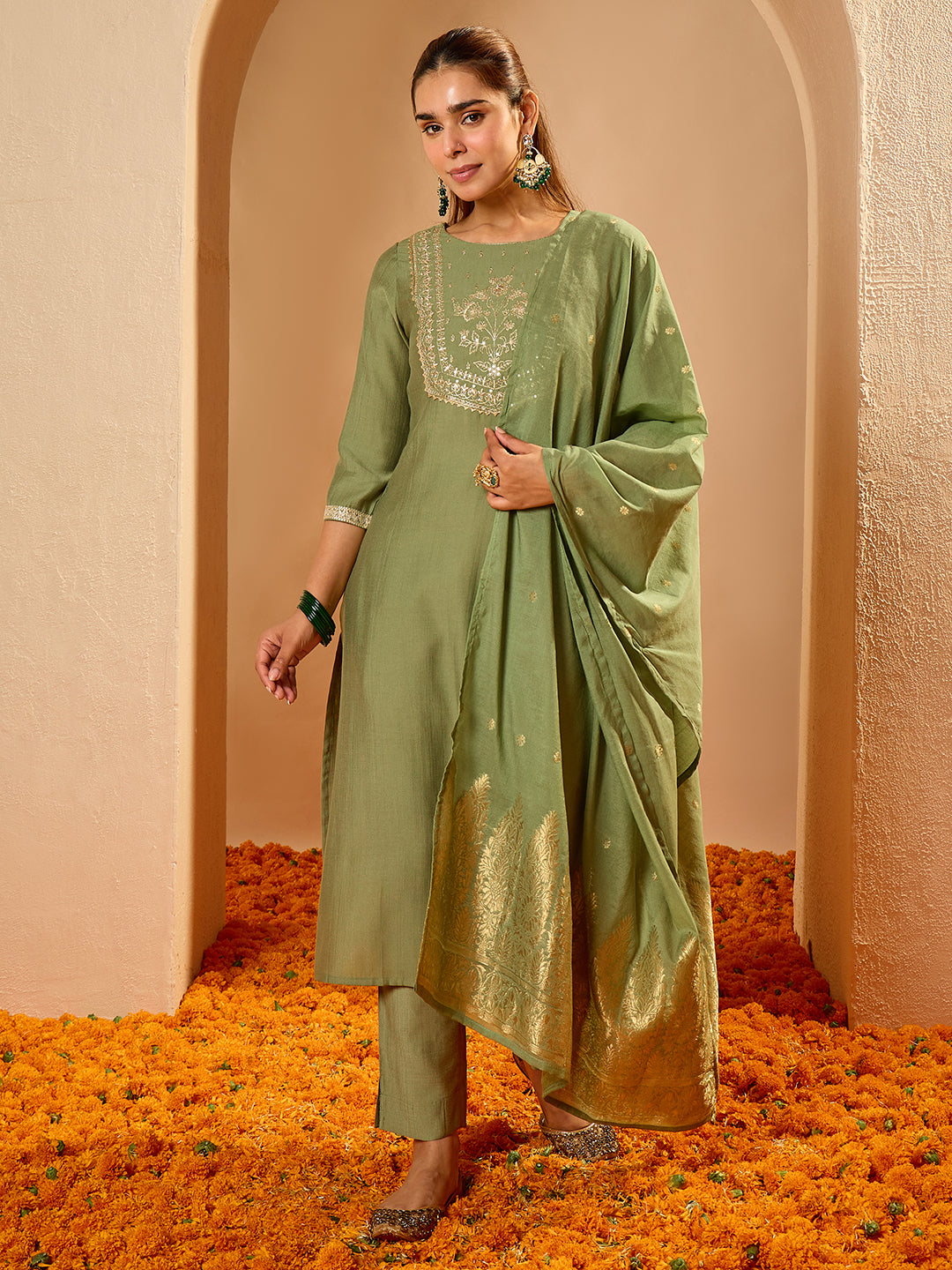 Janasya Women's Sage Green Silk Blend Floral Yoke Embroidered Straight Kurta Set with Jacquard Dupatta