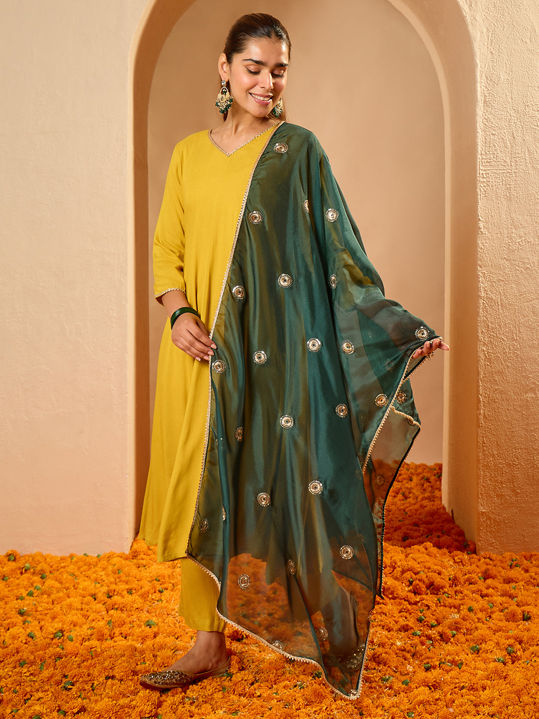 Janasya Women's Sage Green Silk Blend Floral Yoke Embroidered Straight Kurta Set with Jacquard Dupatta