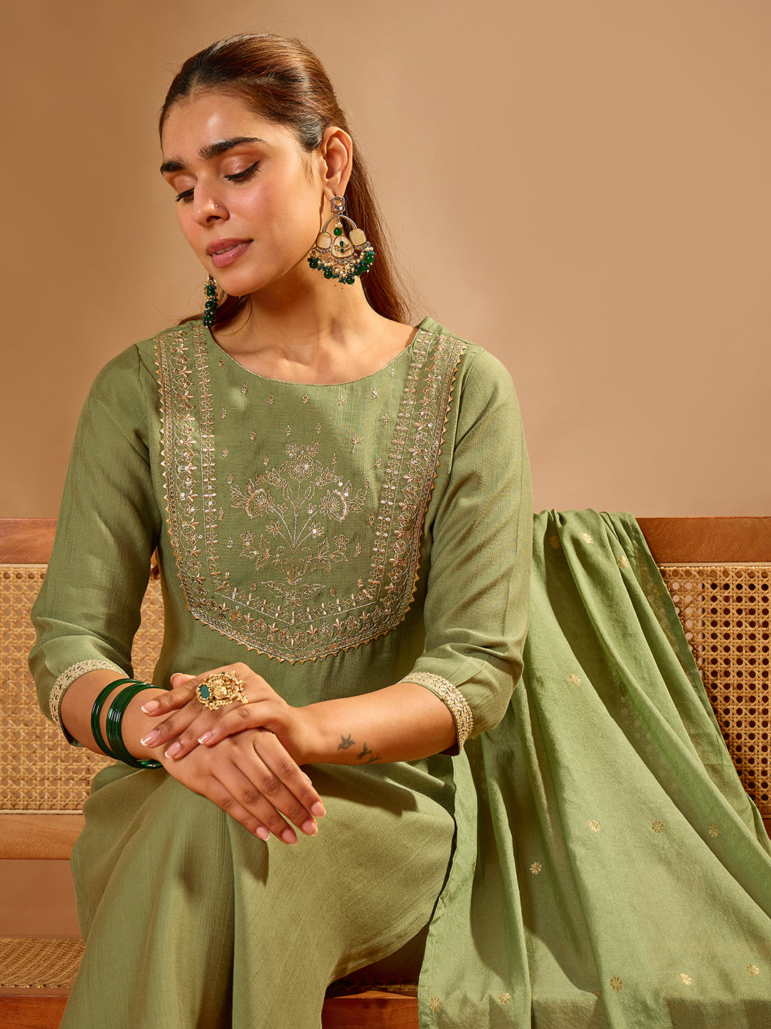 Janasya Women's Sage Green Silk Blend Floral Yoke Embroidered Straight Kurta Set with Jacquard Dupatta
