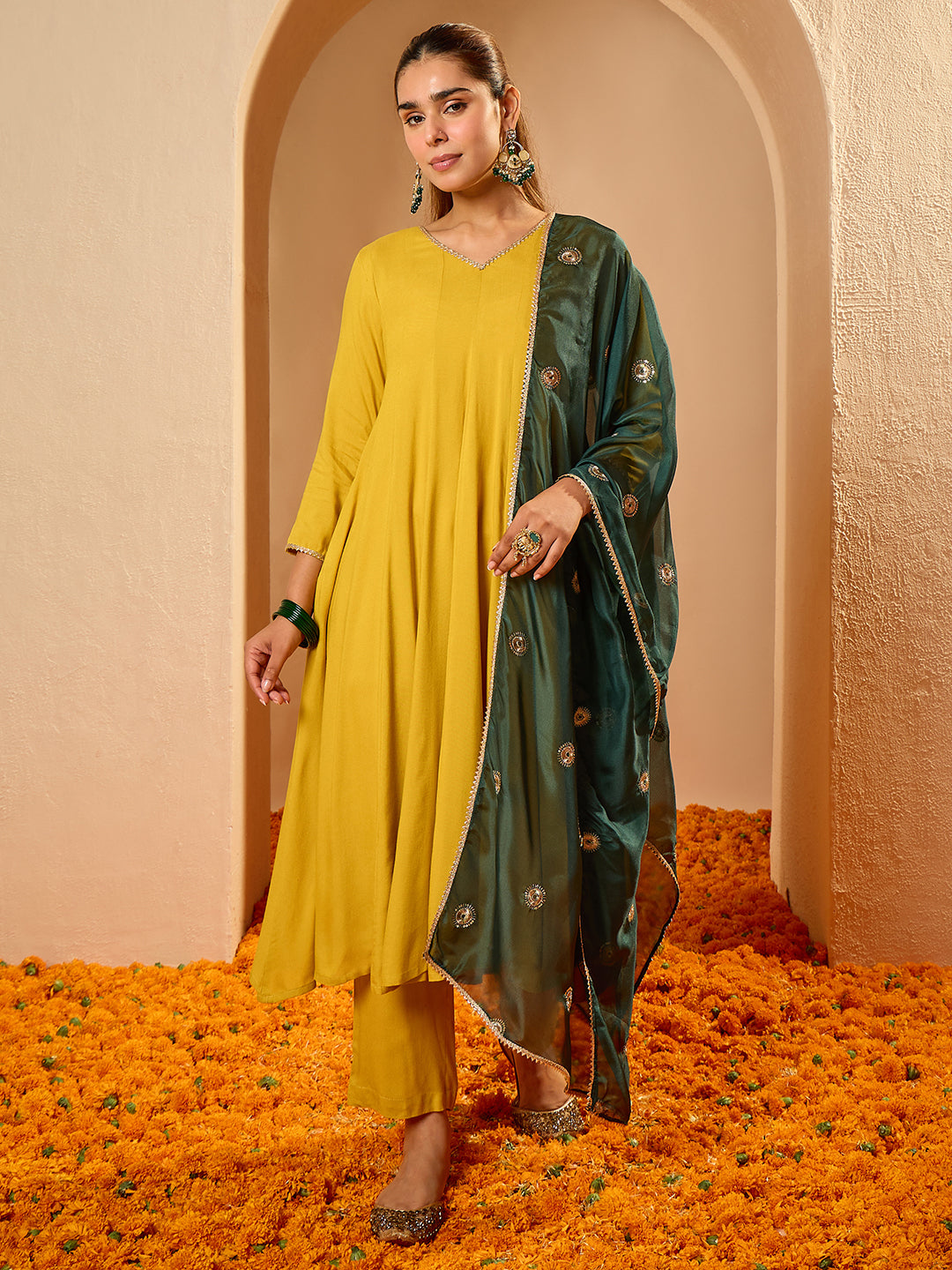 Janasya Women's Sage Green Silk Blend Floral Yoke Embroidered Straight Kurta Set with Jacquard Dupatta