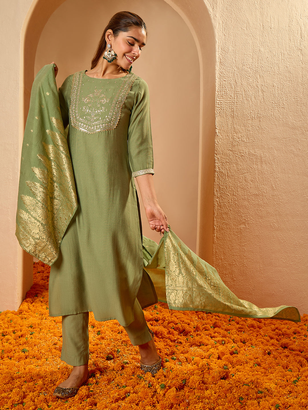 Janasya Women's Sage Green Silk Blend Floral Yoke Embroidered Straight Kurta Set with Jacquard Dupatta