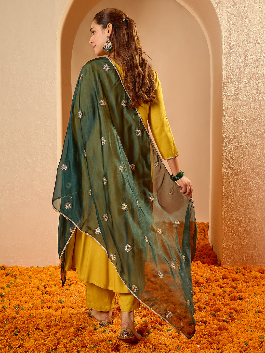Janasya Women's Sage Green Silk Blend Floral Yoke Embroidered Straight Kurta Set with Jacquard Dupatta