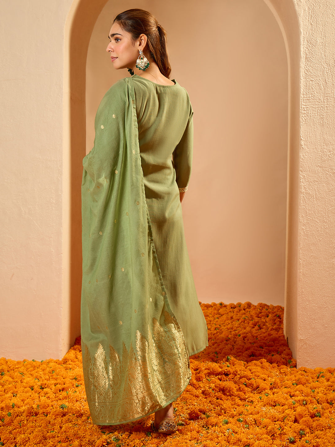 Janasya Women's Sage Green Silk Blend Floral Yoke Embroidered Straight Kurta Set with Jacquard Dupatta