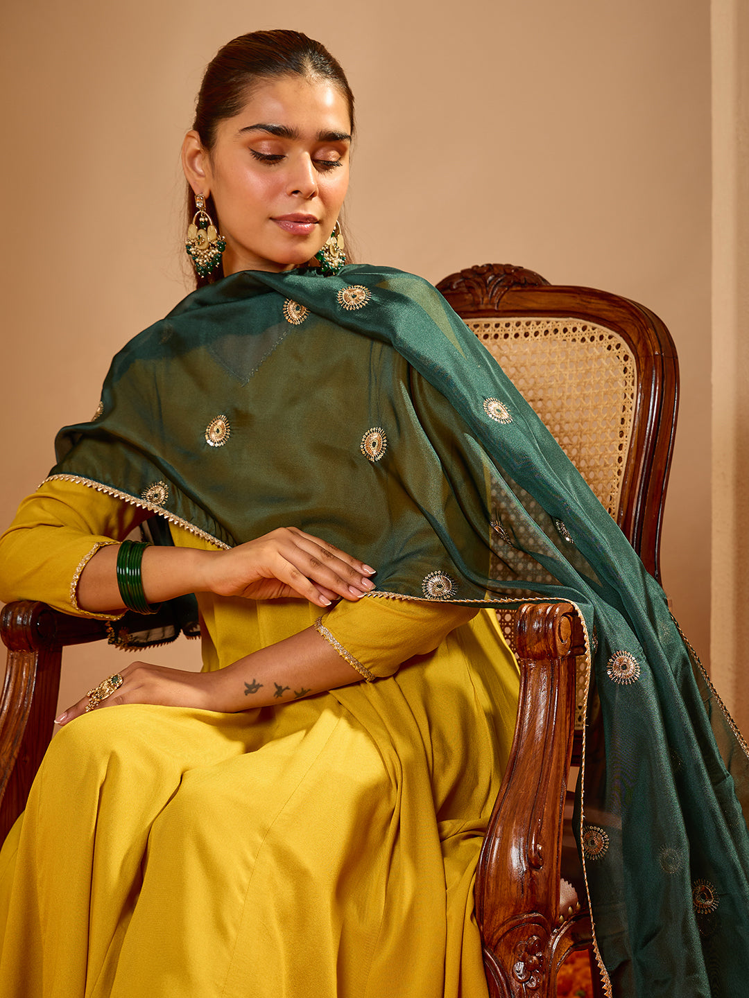 Janasya Women's Sage Green Silk Blend Floral Yoke Embroidered Straight Kurta Set with Jacquard Dupatta
