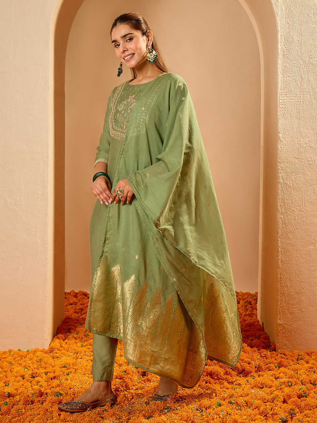 Janasya Women's Sage Green Silk Blend Floral Yoke Embroidered Straight Kurta Set with Jacquard Dupatta