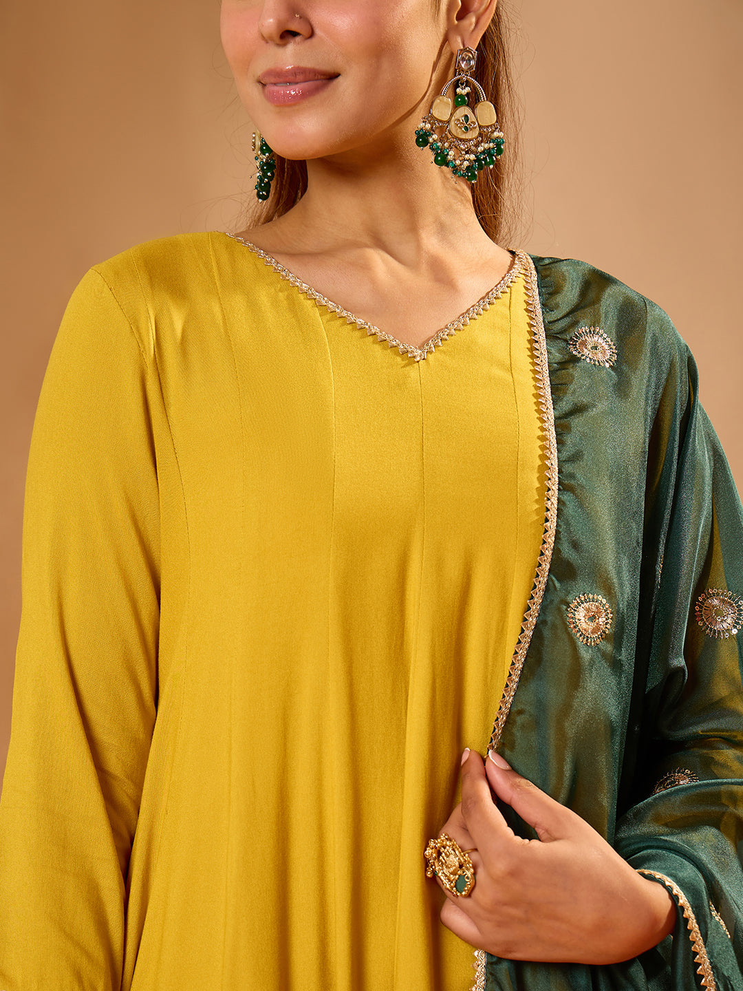 Janasya Women's Sage Green Silk Blend Floral Yoke Embroidered Straight Kurta Set with Jacquard Dupatta
