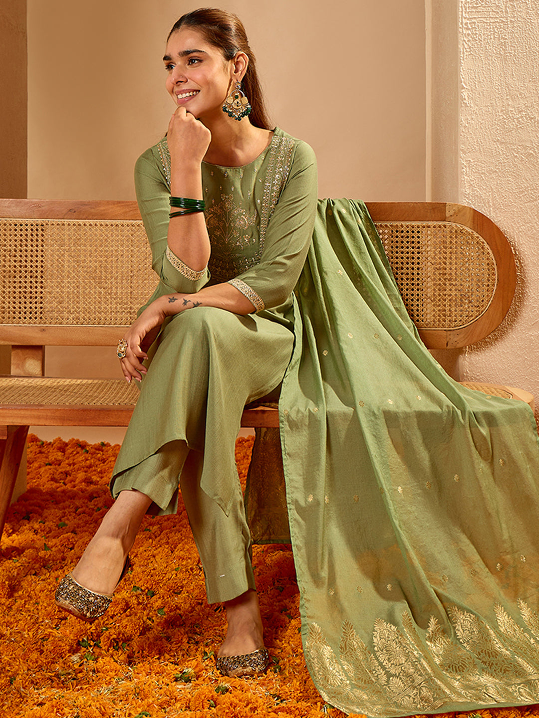 Janasya Women's Sage Green Silk Blend Floral Yoke Embroidered Straight Kurta Set with Jacquard Dupatta