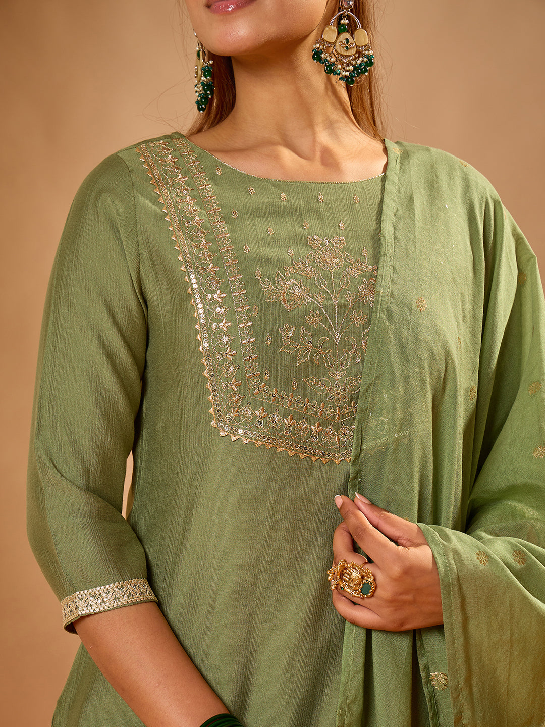Janasya Women's Sage Green Silk Blend Floral Yoke Embroidered Straight Kurta Set with Jacquard Dupatta