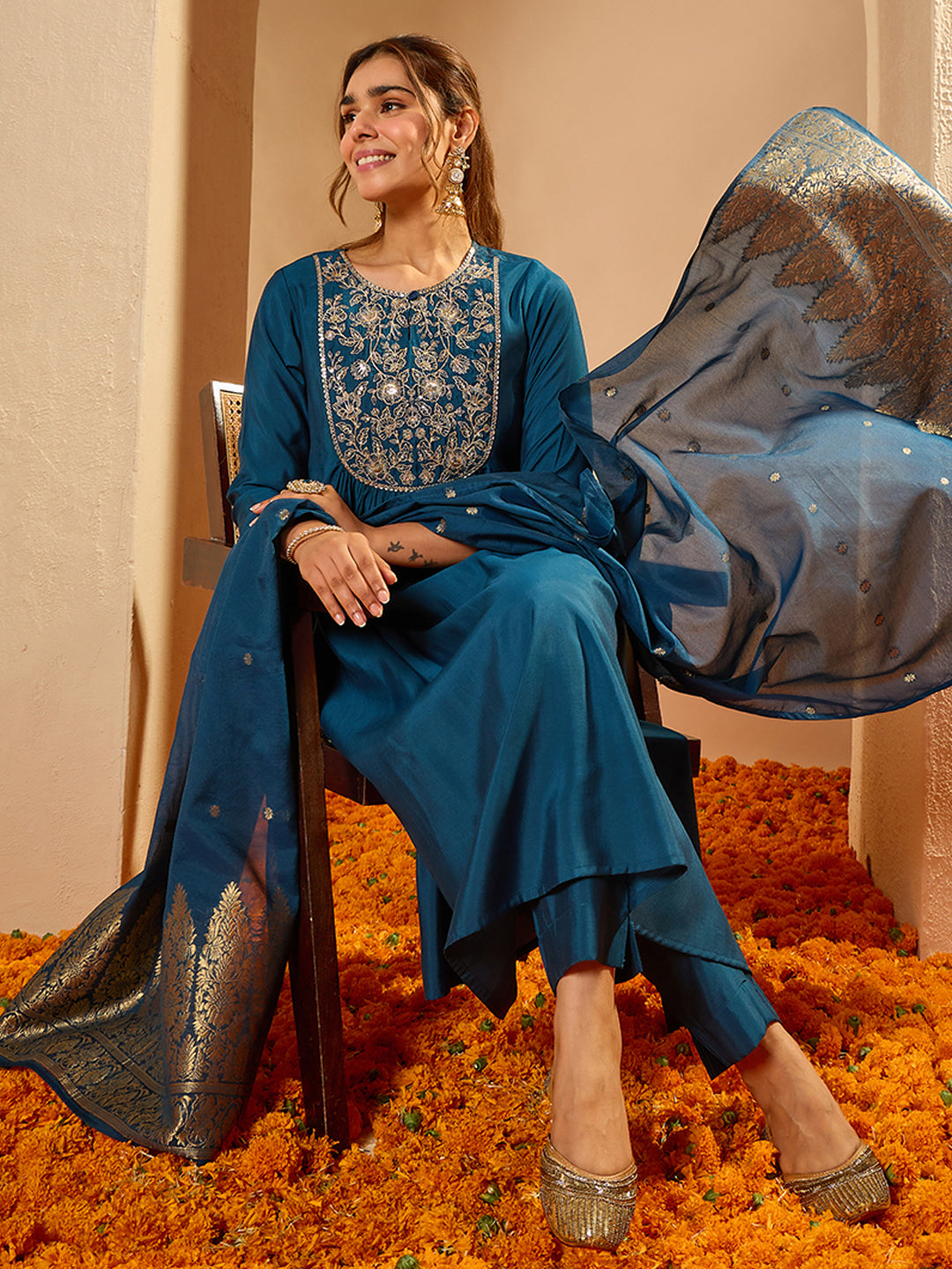Janasya Women's Teal Blue Chanderi Silk Floral Zari Yoke Embroidered A-line Kurta Set