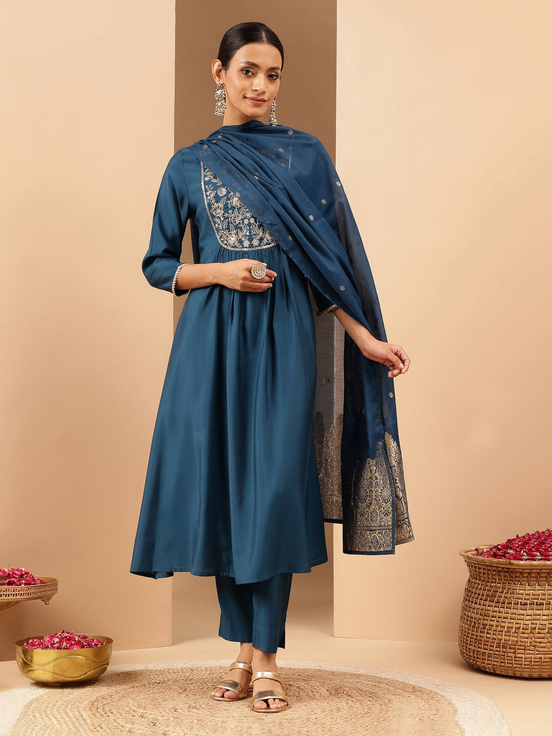 Janasya Women's Teal Chanderi Silk Zari Yoke Embroidered A-line Kurta Set With Dupatta