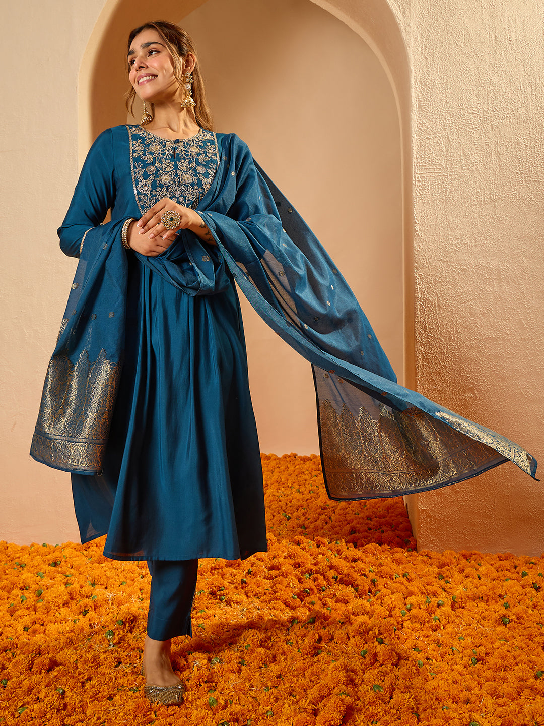 Janasya Women's Teal Blue Chanderi Silk Floral Zari Yoke Embroidered A-line Kurta Set