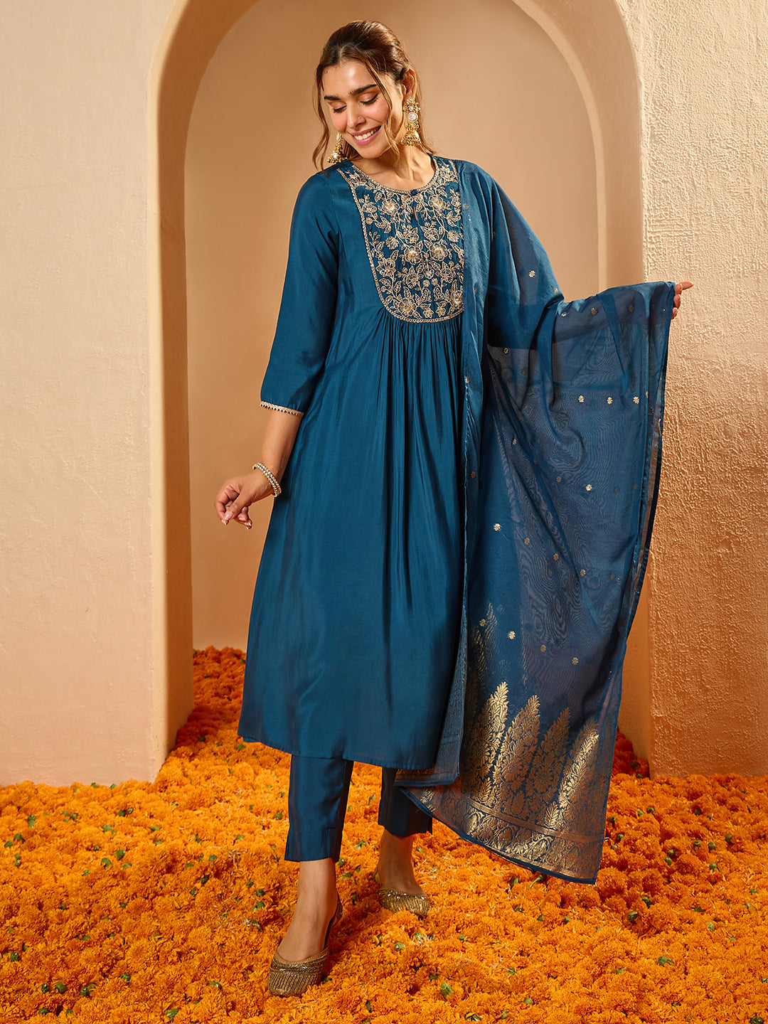 Janasya Women's Teal Blue Chanderi Silk Floral Zari Yoke Embroidered A-line Kurta Set