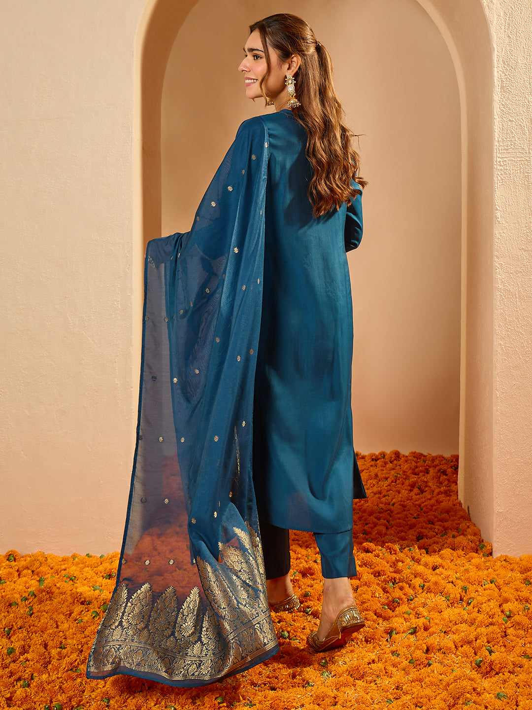 Janasya Women's Teal Blue Chanderi Silk Floral Zari Yoke Embroidered A-line Kurta Set