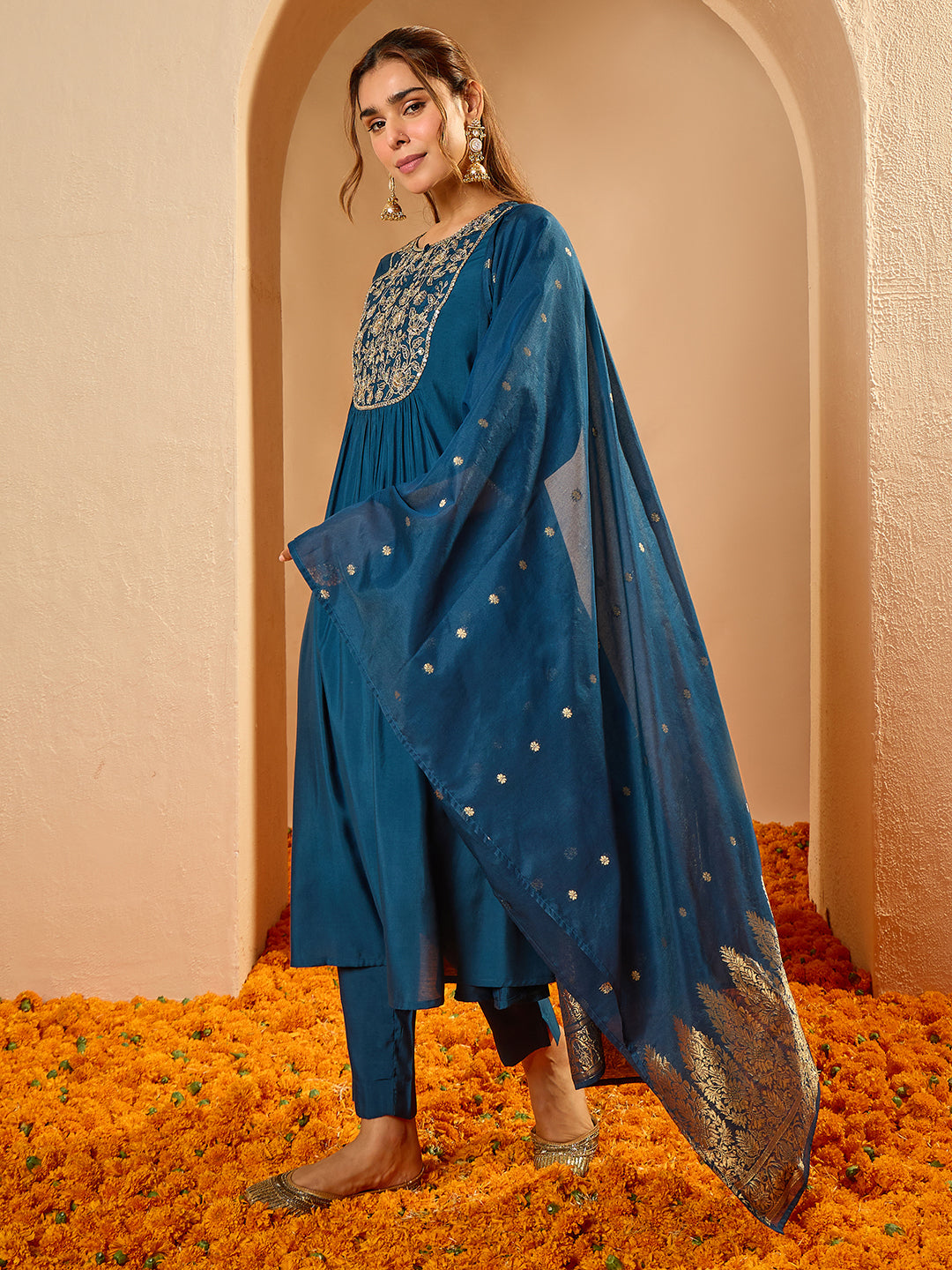 Janasya Women's Teal Blue Chanderi Silk Floral Zari Yoke Embroidered A-line Kurta Set