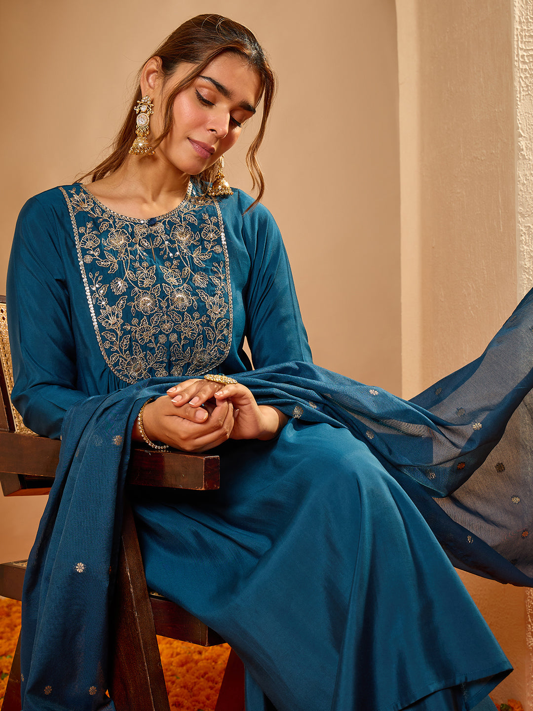 Janasya Women's Teal Blue Chanderi Silk Floral Zari Yoke Embroidered A-line Kurta Set